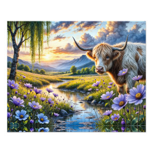Foto Vaca cruzada de Highland/Longhorn en paisaje flora