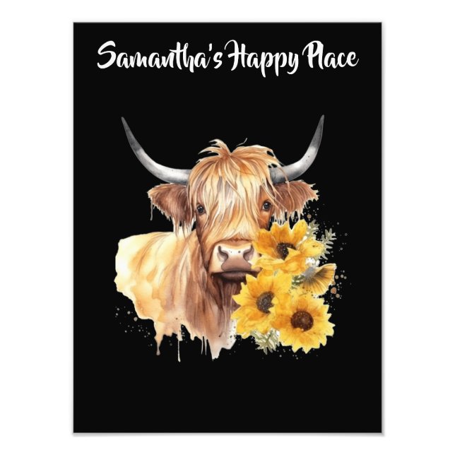Foto Vaca Highland escocesa con girasoles. Editable (Frente)