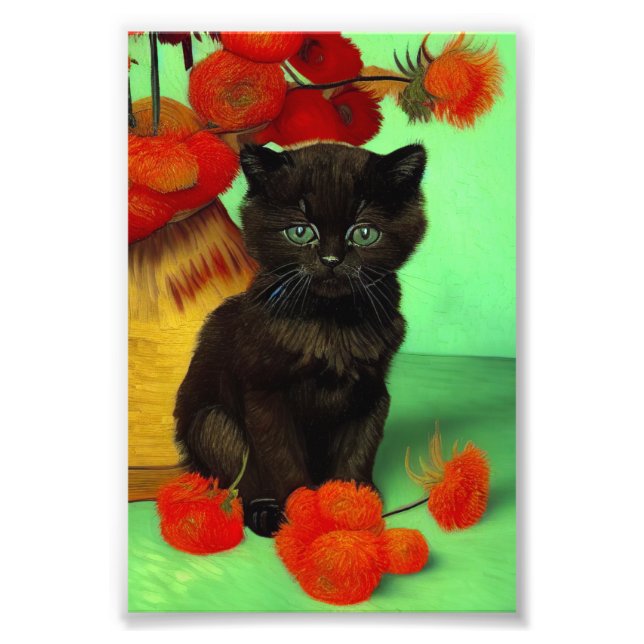 Foto Van Gogh Black Kitten Red Flowers (Frente)