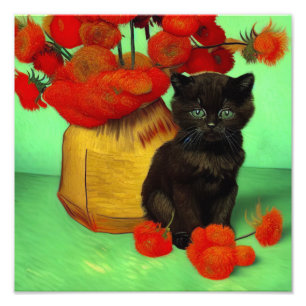 Foto Van Gogh Black Kitten Red Flowers
