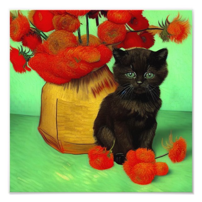 Foto Van Gogh Black Kitten Red Flowers (Frente)