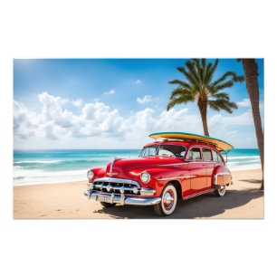 Foto Vehículo vintage en la playa con tabla de surf