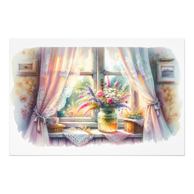 Foto Ventana de cabaña soleada con flores silvestres (Frente)