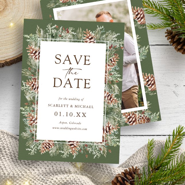 Foto Verde Guardar la tarjeta de fecha (Photo Hunter Green Watercolor Pine 
Evergreen Save The Date Card by Painted Paperie
)