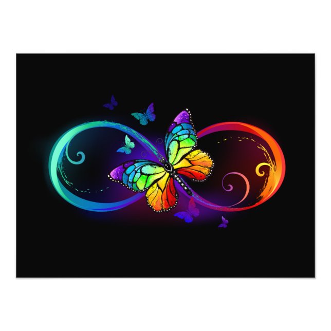 Foto Vibrant infinity with rainbow butterfly on black (Frente)