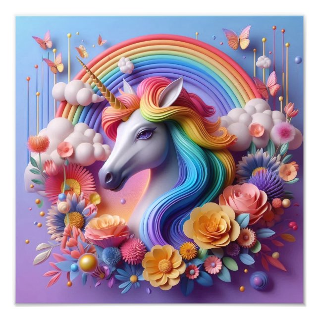 Foto Vibrante retrato de unicornio 3D con acentos flora (Frente)