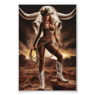 Foto Vintage Cowgirl Con Cow Skull