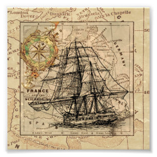 Foto Vintage Vailing Ship and Old European Map