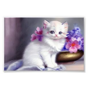 Foto Vintage White Kitten with Pink and Purple Flowers