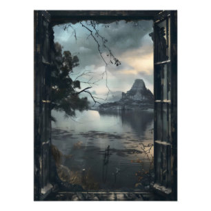 Foto Vista de la ventana del mundo de la fantasía oscur
