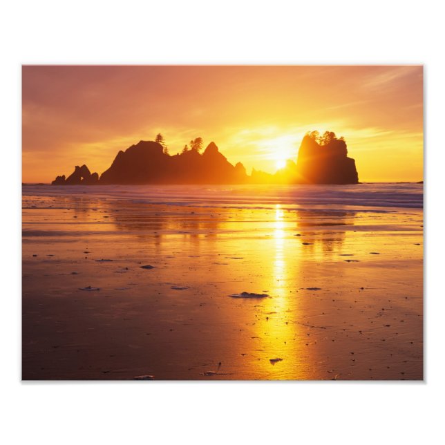Foto WA, PN Olympic, playa Shi Shi al atardecer, Punta (Frente)