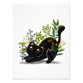 Foto Watercolor Playful Black Cat with Flowers