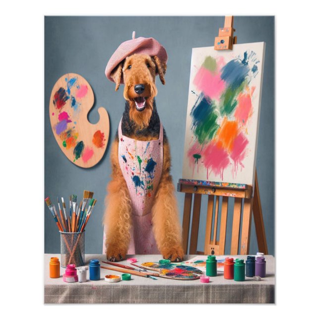 Foto Whimsical Airedale Terrier trabajando como artista (Frente)