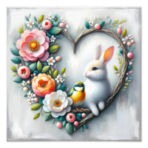 Whimsical Bunny and Bird Floral Heart