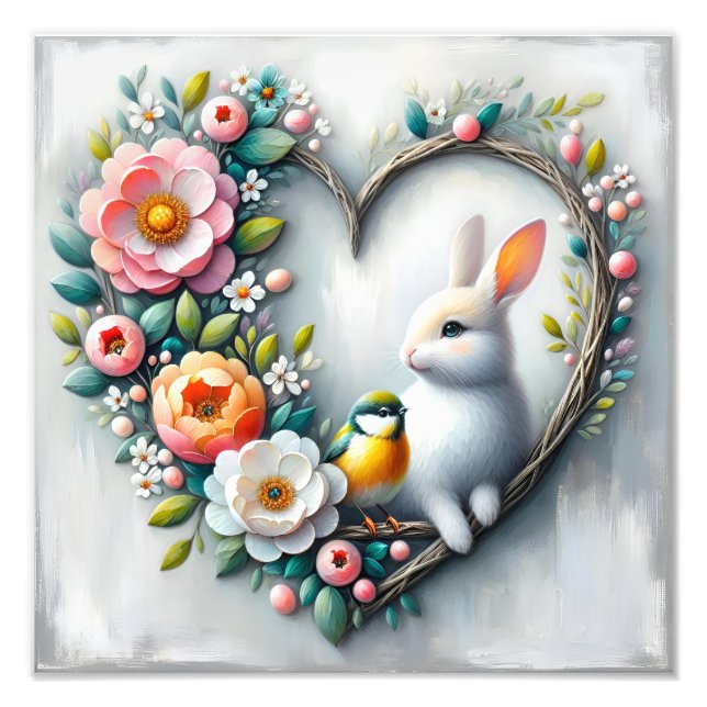 Foto Whimsical Bunny and Bird Floral Heart (Frente)