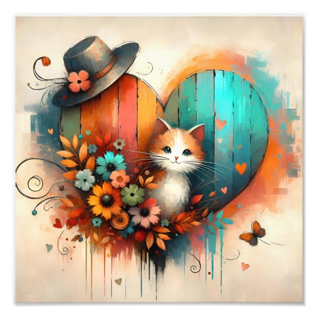 Foto Whimsical Kitten in Teal and Burnt Orange Floral (Frente)