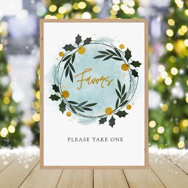 Foto  Winter Wreath Blue Gold Baby Shower Favor Sign (Subido por el creador)