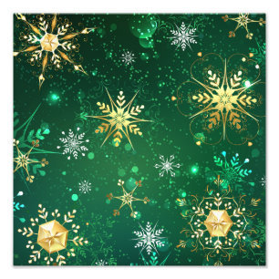 Foto Xmas copos de nieve dorados sobre fondo verde
