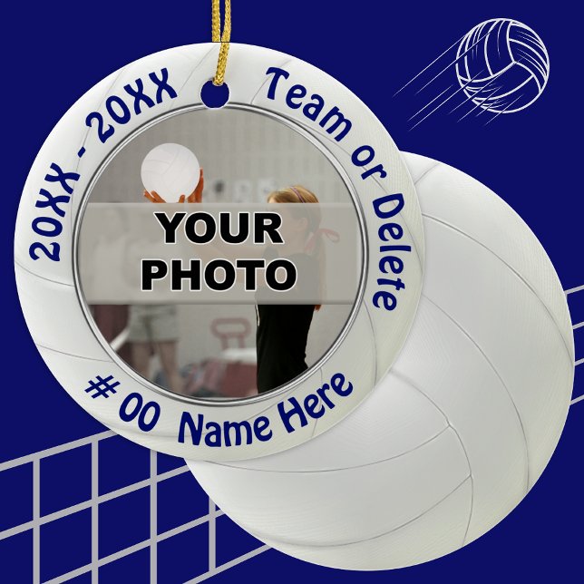 Foto y ornamentos personalizados de voleibol (Navy Blue and White, Volleyball Ornaments. Volleyball Team Gifts, Volleyball Party Favors. )