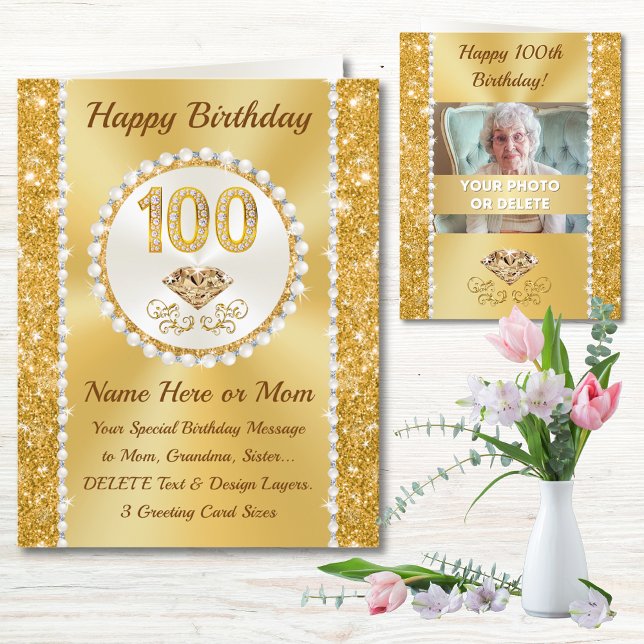 Foto y tarjeta de cumpleaños 100 feliz, personaliz (100th birthday card for mum. 100th birthday cards female. 100th birthday card ideas. Grandmother.   )