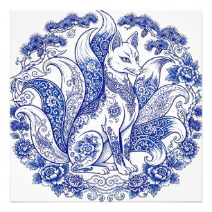 Foto Zorro de nueve colas Kitsune Imari estilo azul bla