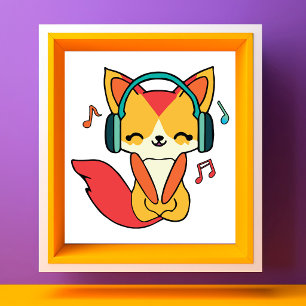 Foto Zorro feliz con auriculares escuchando música.