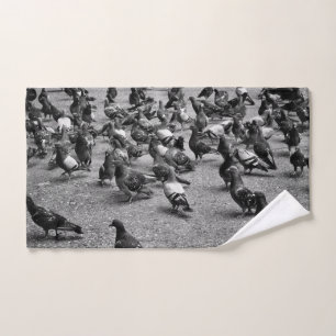 Fotografía blanco y negro de muchas palomas
