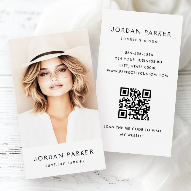 Fotografía de código QR modelo de moda tarjetas de (Photo QR code fashion model white business cards)