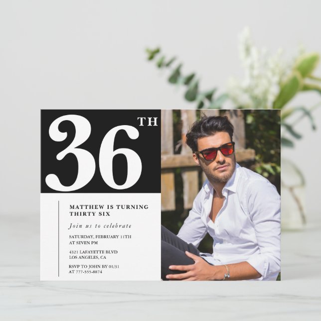 Fotografía de invitaciones de 36 años en blanco y  (Anverso de pie)