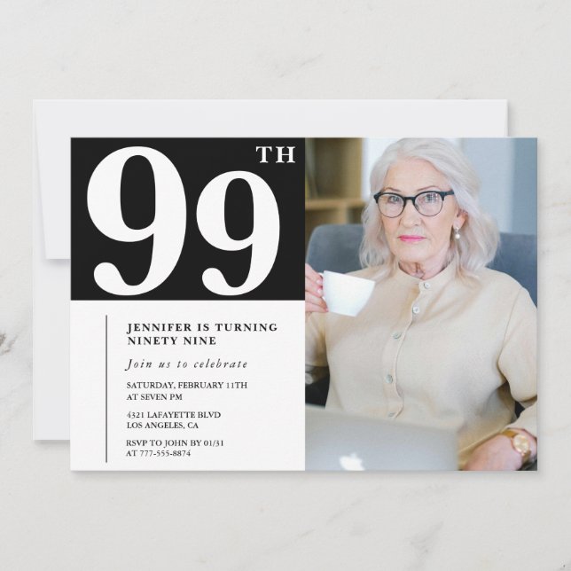 Fotografía de invitaciones de 99 años en blanco y  (Anverso)