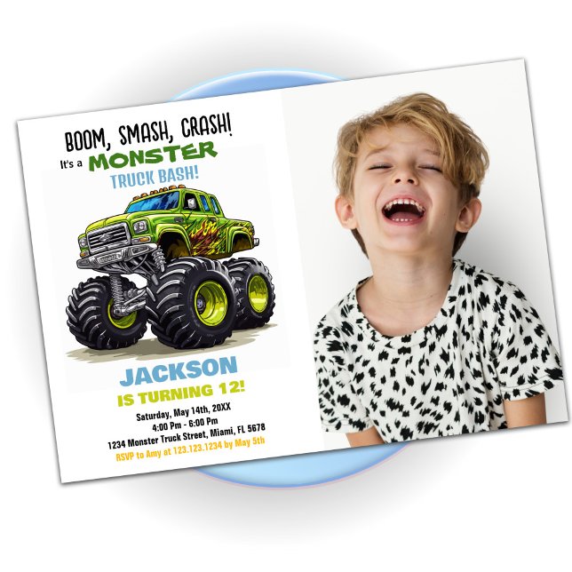 Fotografía de invitaciones de cumpleaños a Camión  (Green Monster Truck Birthday Invitations Photo)