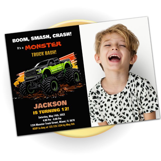 Fotografía de invitaciones de cumpleaños a Camión  (Green Monster Truck Birthday Invitations Photo)