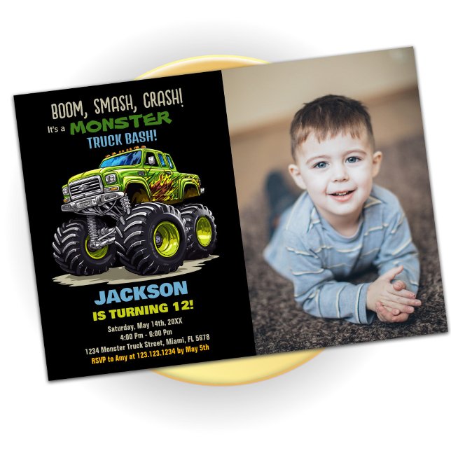 Fotografía de invitaciones de cumpleaños a Camión  (Green Monster Truck Birthday Invitations Photo)