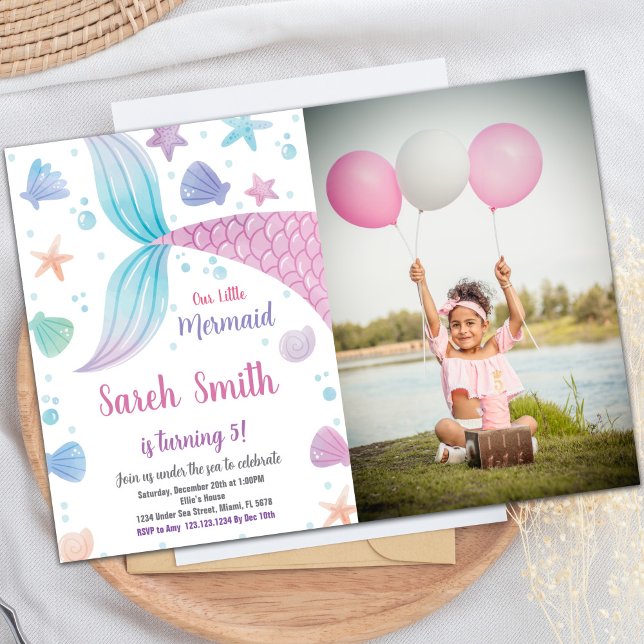 Fotografía de invitaciones de cumpleaños a la sire (Purple Pink Mermaid Tail Birthday Invitations phot)
