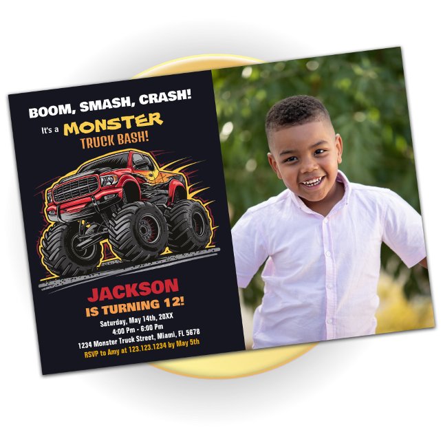 Fotografía de invitaciones de cumpleaños a un Mons (Red Black Monster Truck Birthday Invitations Photo)