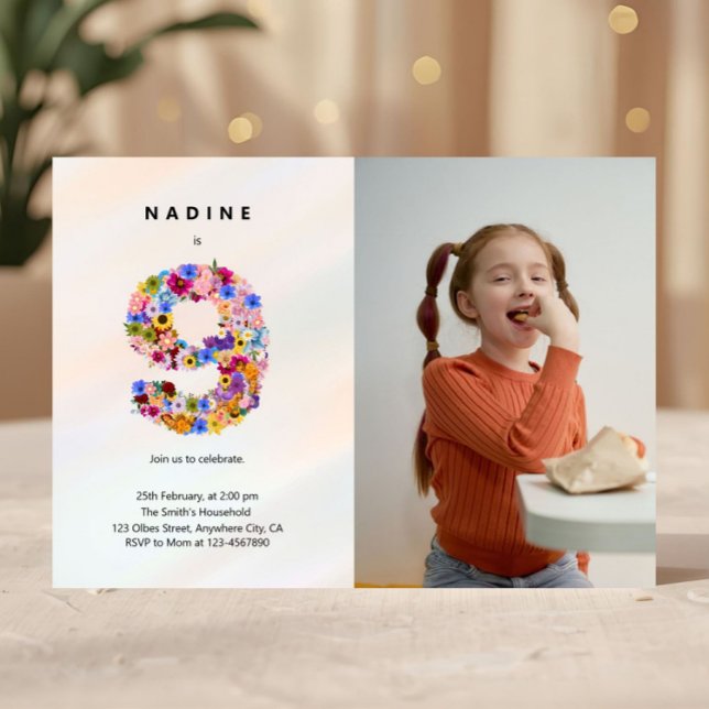 Fotografía de la invitación floral Pastel Pink 9º  (9th Birthday Invitation Photo Girl Party 9 Year Old Editable Minimalist Birthday Wildflower Theme In)