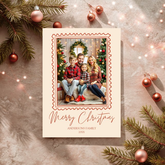 Fotografía de marco retro rojo alegre Navidad (Red retro hand drawn frame photo merry Christmas Holiday Card template)