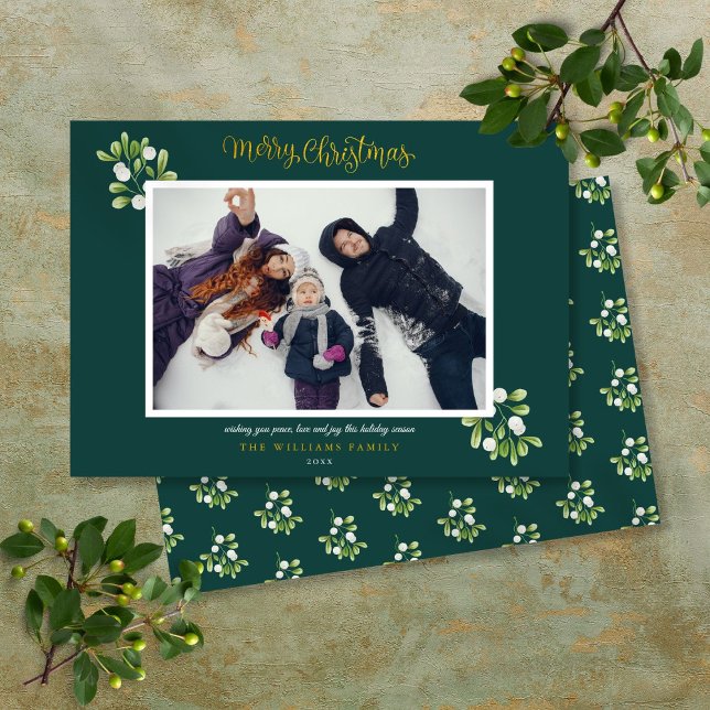 Fotografía de muérdago Gold Script Feliz Navidad (Mistletoe Photo Gold Script Merry Christmas Holiday Card)