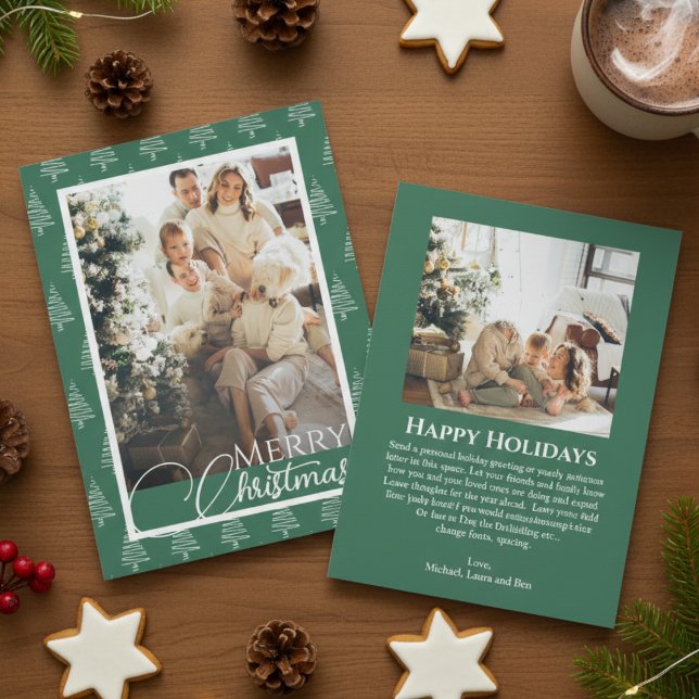 Fotografía De Patrón De Árbol De Navidad Verde Y B (Green And White Christmas Tree Pattern Photo Holiday Card)