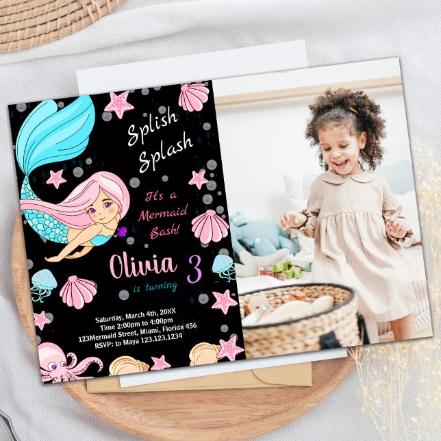 Fotografía Invitaciones a cumpleaños de sirena neg (Photo Black Mermaid Birthday Invitations)