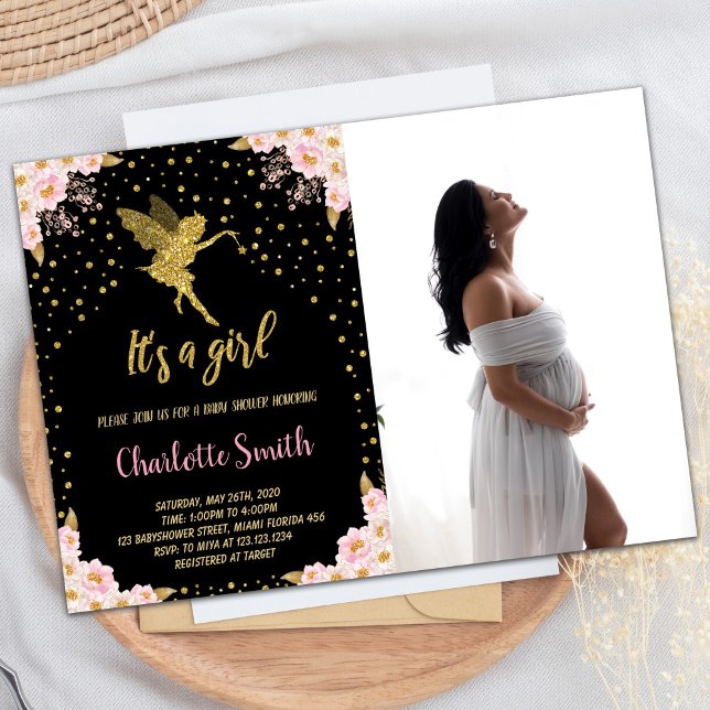 Fotografía Invitaciones a la ducha de flores de ha (Photo Black Fairy Floral Baby Shower Invitations)