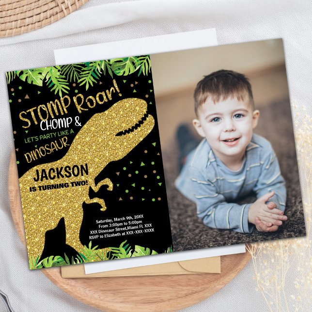 Fotografía Invitaciones al cumpleaños de Dinosaur, (Photo Black Glitter Dinosaur Birthday Invitations)