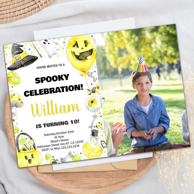 Fotografía Invitaciones al cumpleaños de Halloween (Photo Yellow Green Halloween Birthday Invitations)