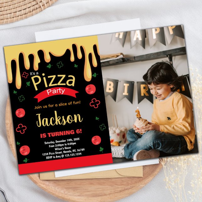 Fotografía Invitaciones de cumpleaños a la pizza v (Photo Yellow Red Green Pizza Birthday Invitations)