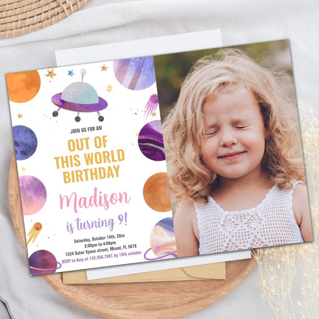 Fotografía Invitaciones de cumpleaños al espacio e (Photo Pink Outer Space Birthday Invitations)