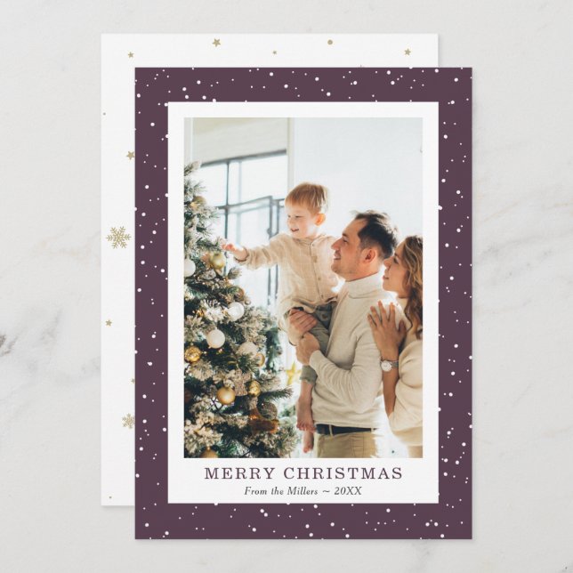 Fotografía simple de nieve púrpura, tarjetas navid (Anverso / Reverso)