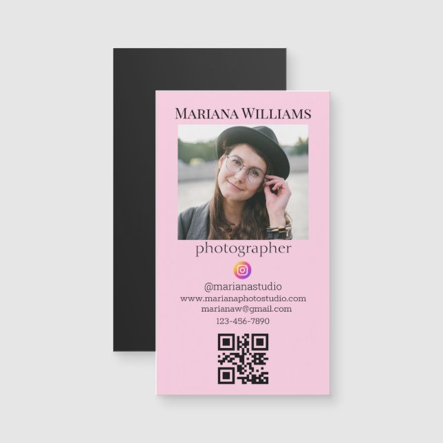 fotógrafo qr código foto imán de negocios rosa (Anverso/Reverso)