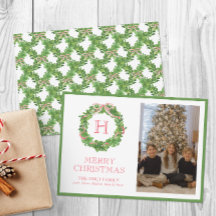 Fotomontaje de corona de Navidad con lazo y monogr