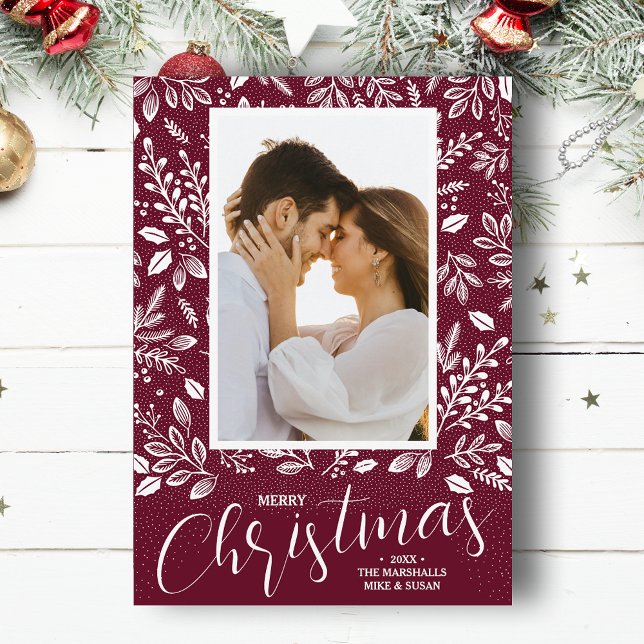Fotos botánicas blancas de Feliz Navidad (White botanicals on cranberry Merry Christmas photo holiday cards, PRINTED and/or INSTANT DOWNLOAD)