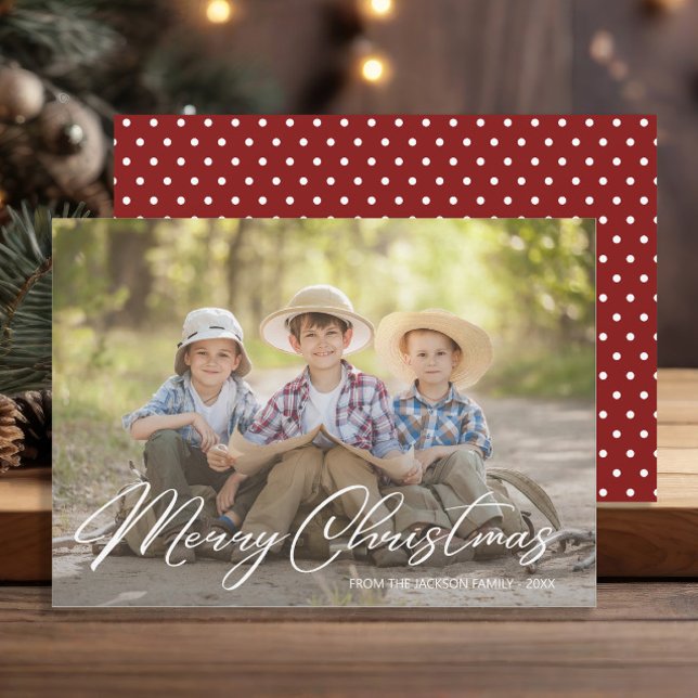 Fotos de la familia Feliz Navidad Red White Polka (Family photo Christmas greeting card)